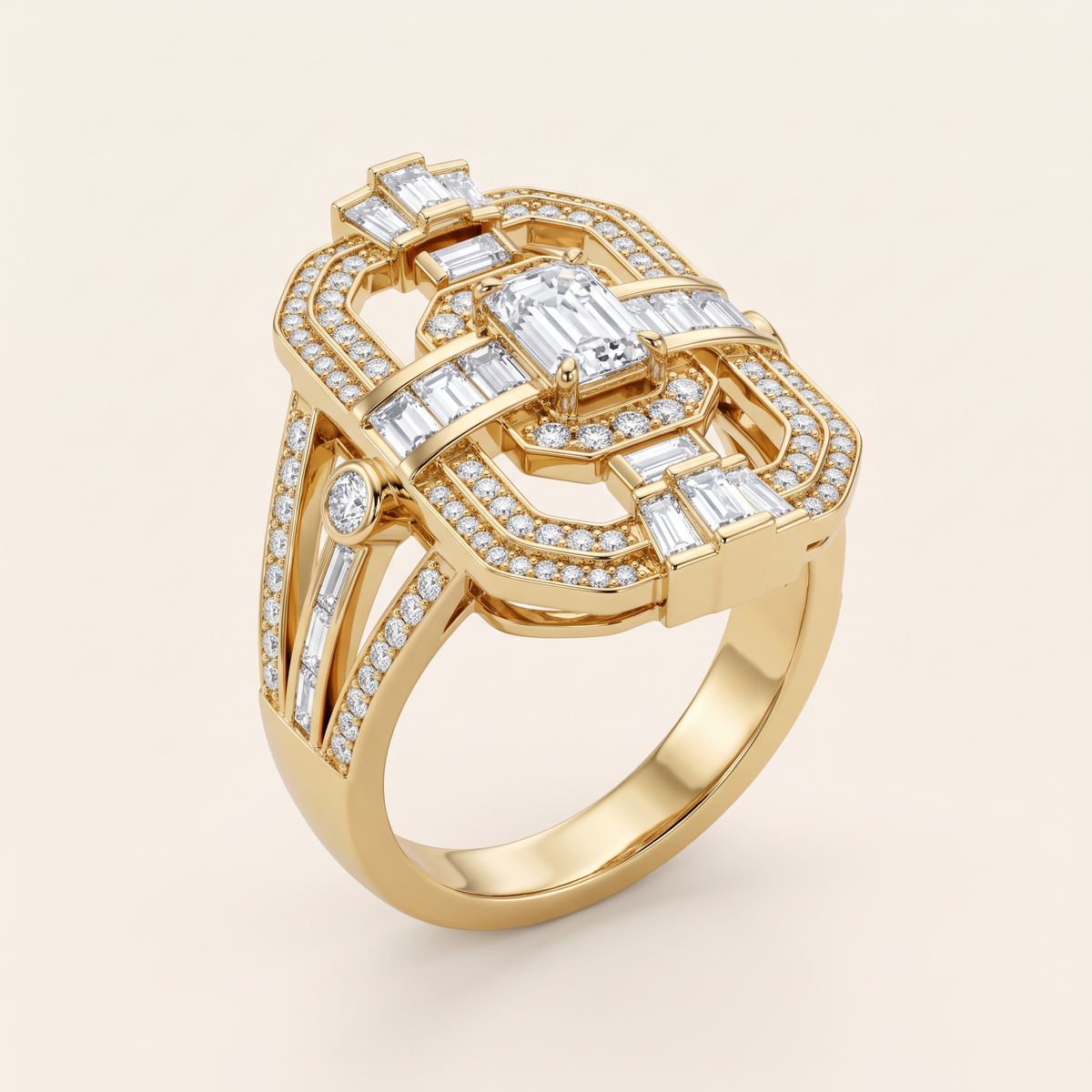 ZAD-R01 Art Deco cocktailring med emerald-slebet lab grown diamant i 14 karat gulguld, perspektiv