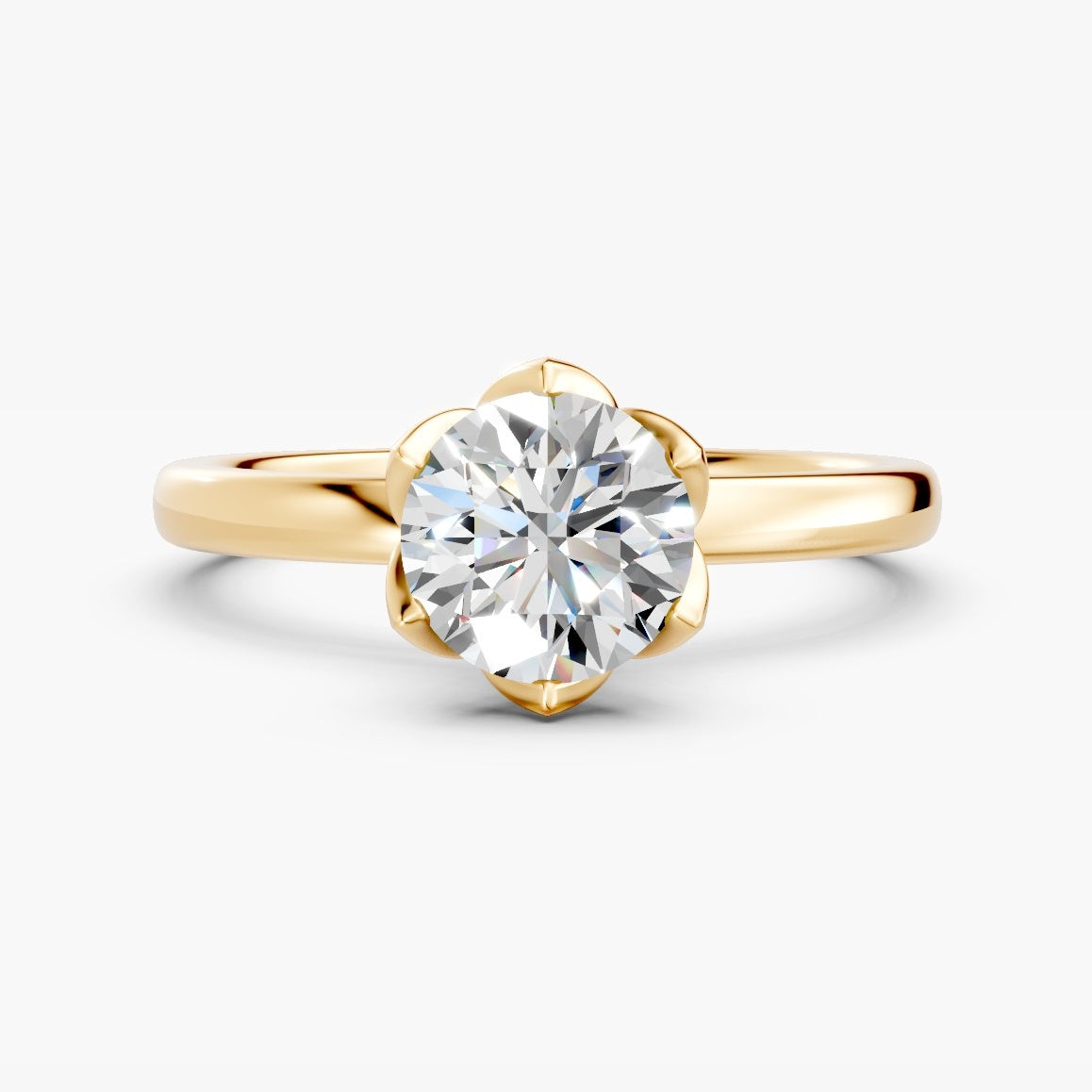 ZFL01 solitaire diamantring i 14 kt. gulguld, forfra med blomster-galleri