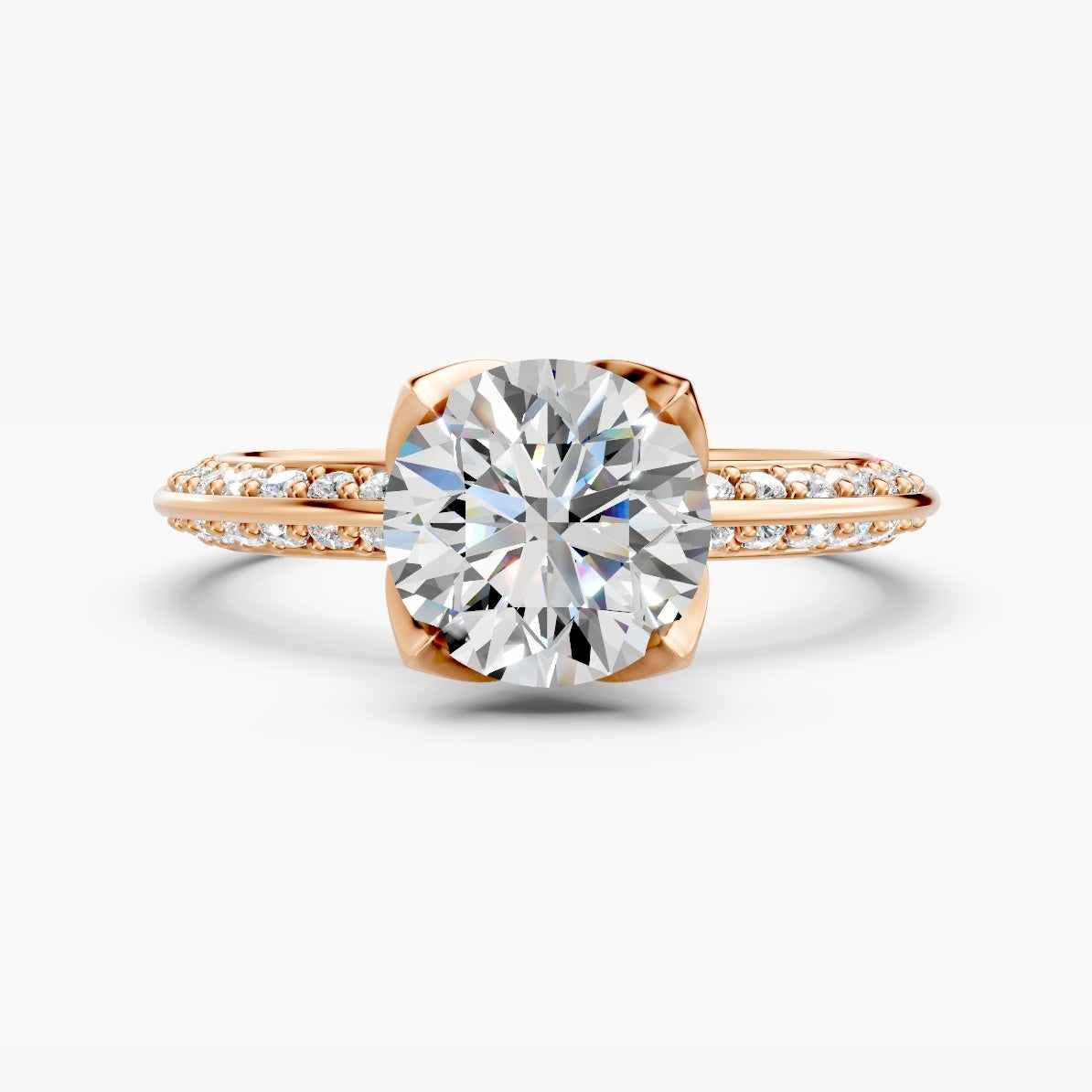 ZFL04 solitaire diamantring i rosaguld, forfra med pavé-skinne