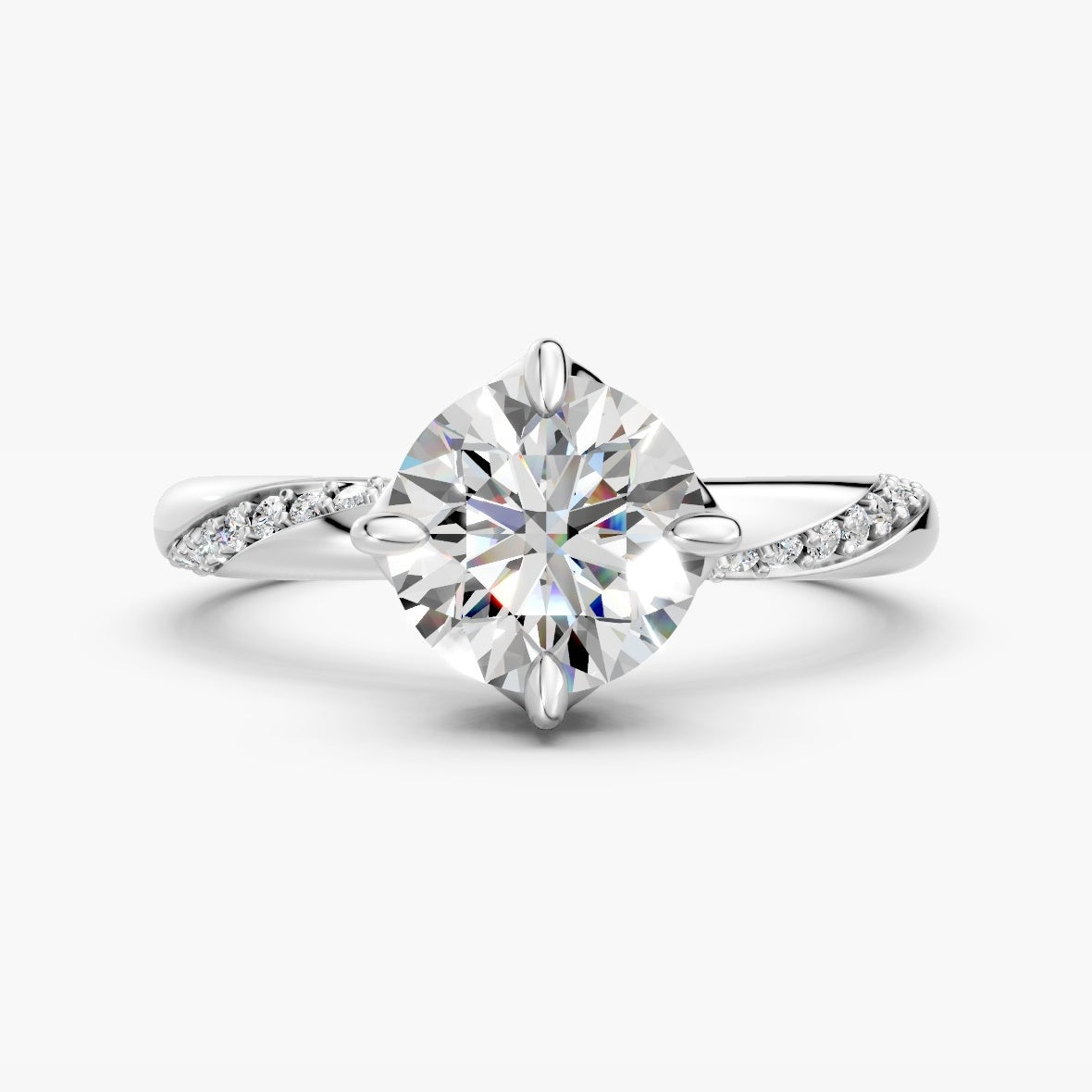 ZFL05 solitaire diamantring i hvidguld, forfra med twist-pavé-skinne