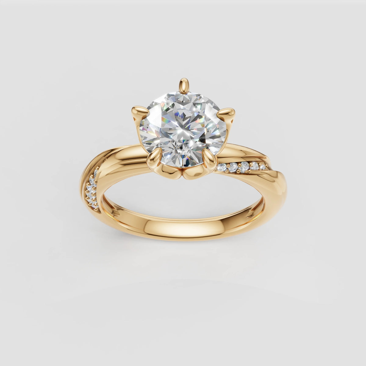 ZFL06 solitaire diamantring i gulguld, forfra med twist-pavé-skinne
