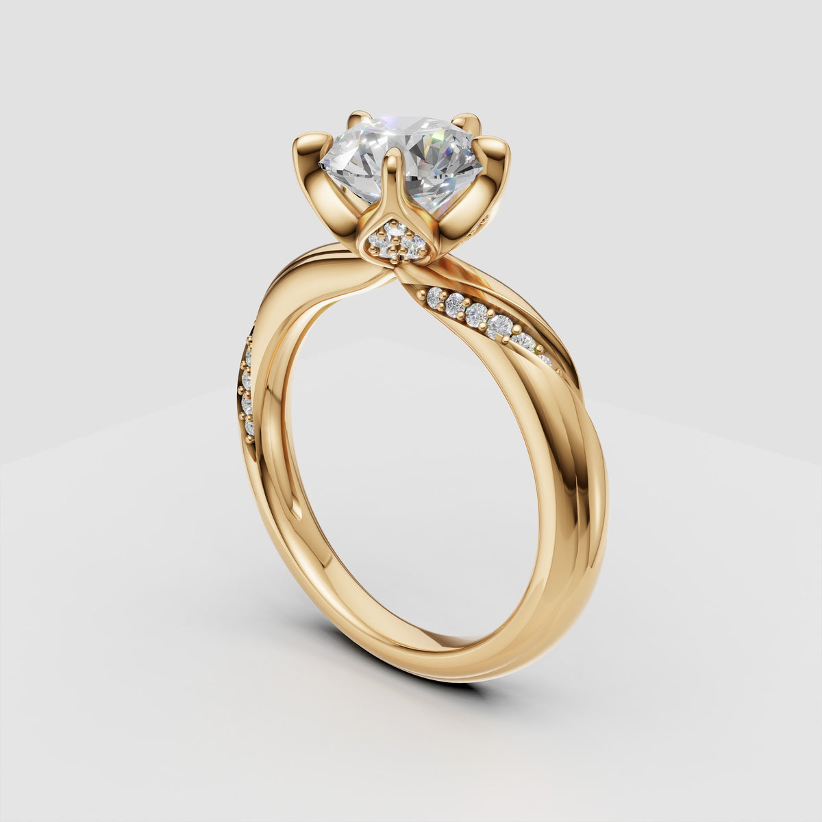 ZFL06 solitaire diamantring med 5 grabber i gulguld, perspektiv