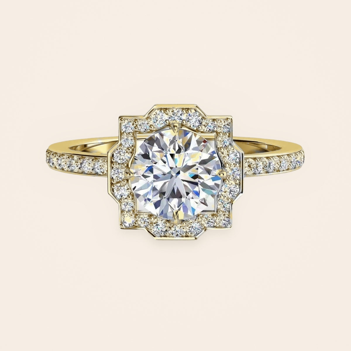 ZLR0163 Art Deco halo diamantring i 14 kt. gulguld – forfra