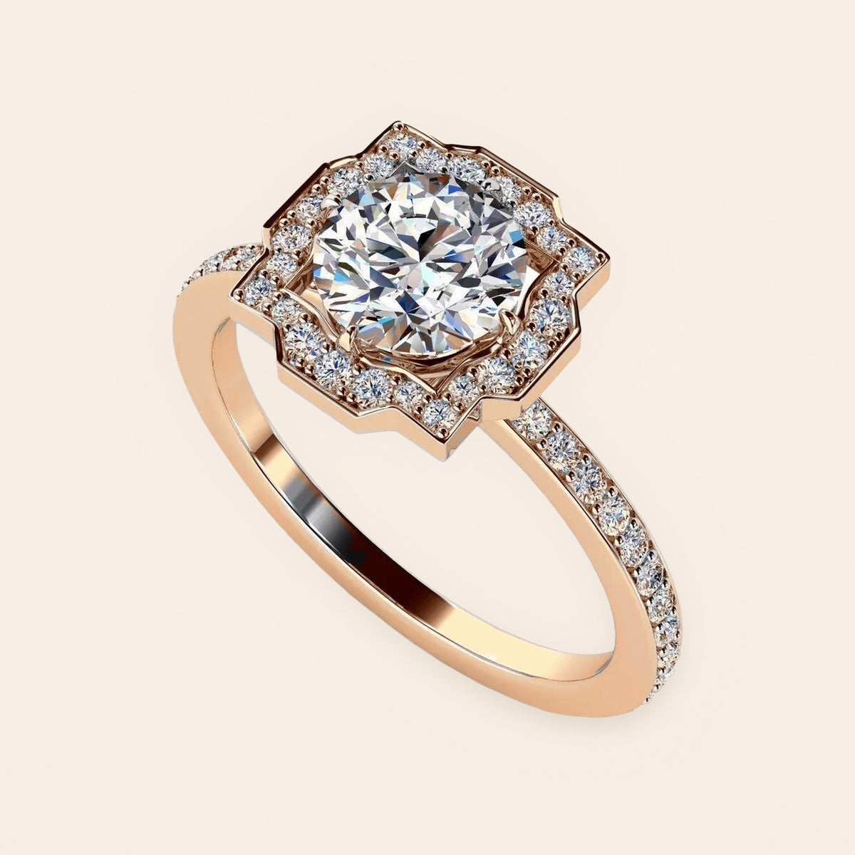 ZLR0163 Art Deco halo diamantring i 14 kt. rosaguld – perspektiv