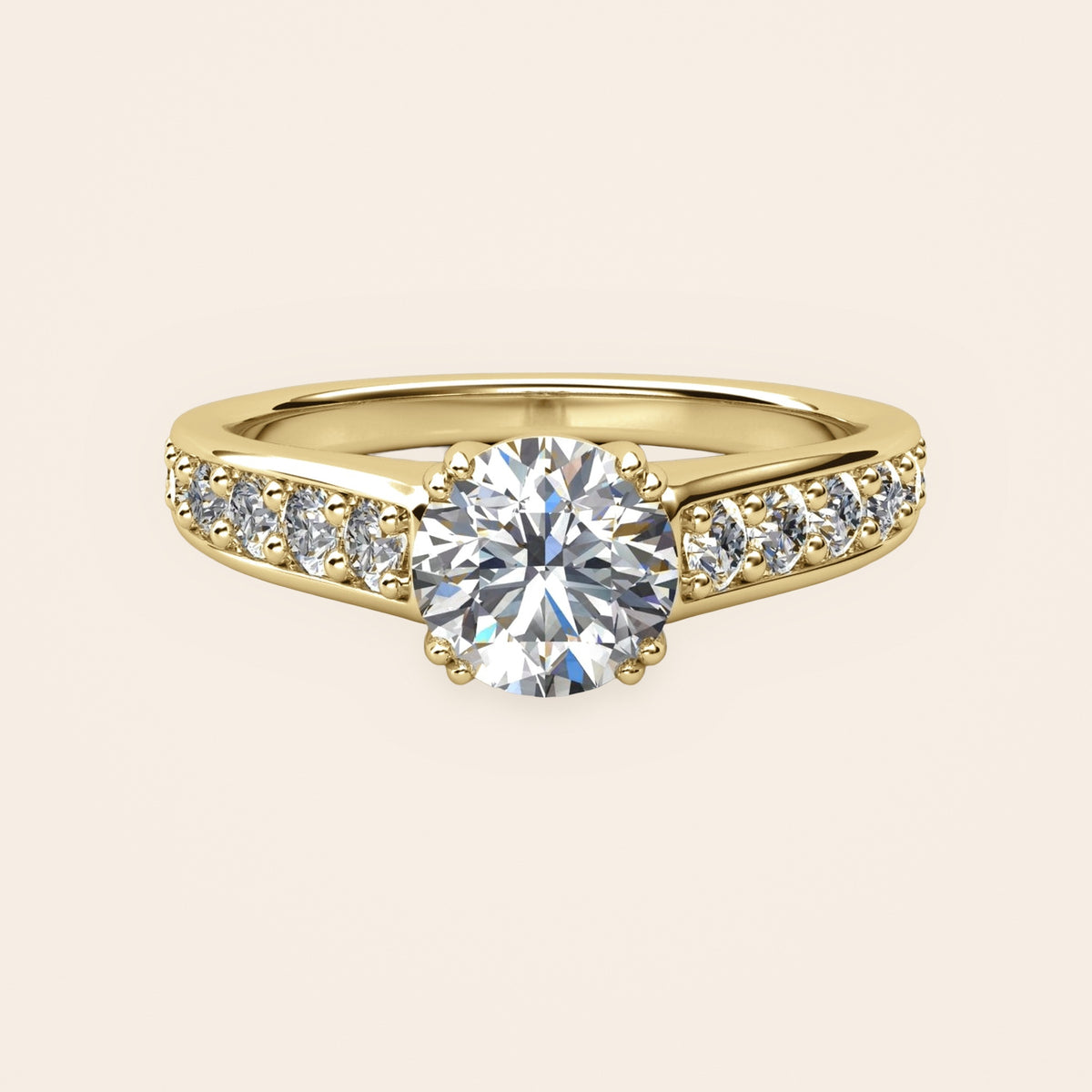 ZLSA01 solitaire diamantring med diamantskuldre i 14 kt. gulguld, forfra
