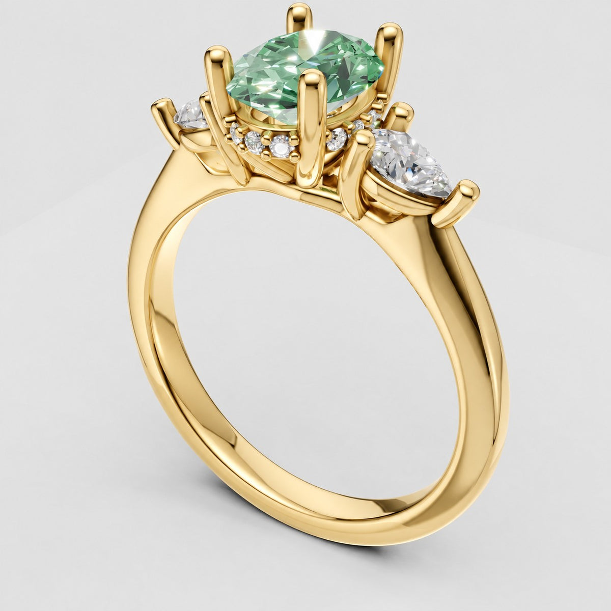 ZRT037 diamantring med grøn oval lab-grown diamant, skjult halo og dråbesten i 14 kt. gulguld, perspektiv