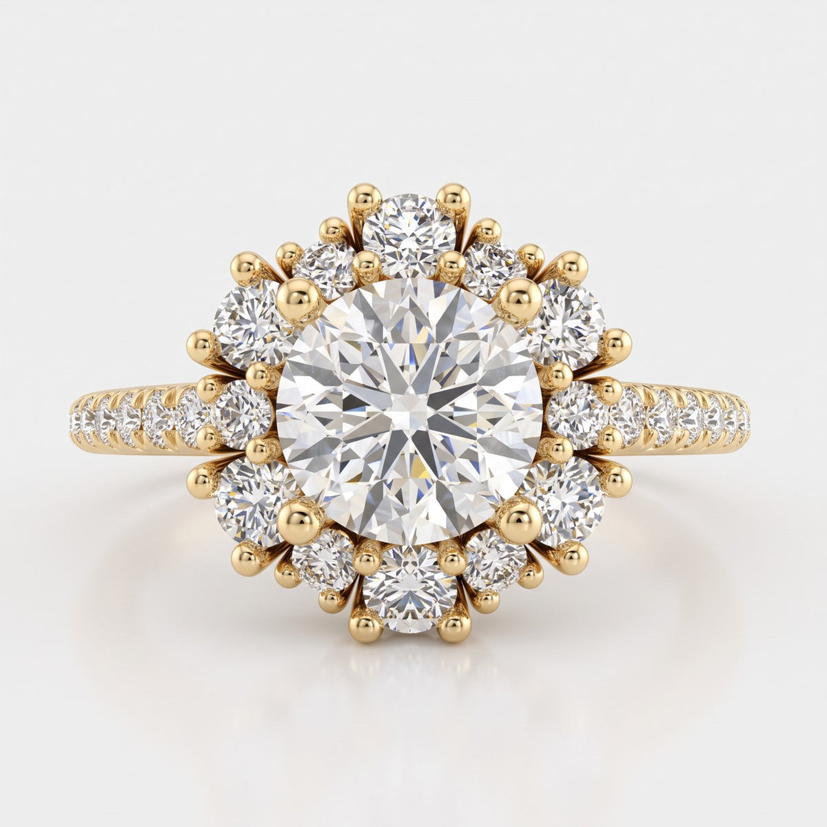 ZSY018 diamantring med blomsterhalo i gulguld set forfra