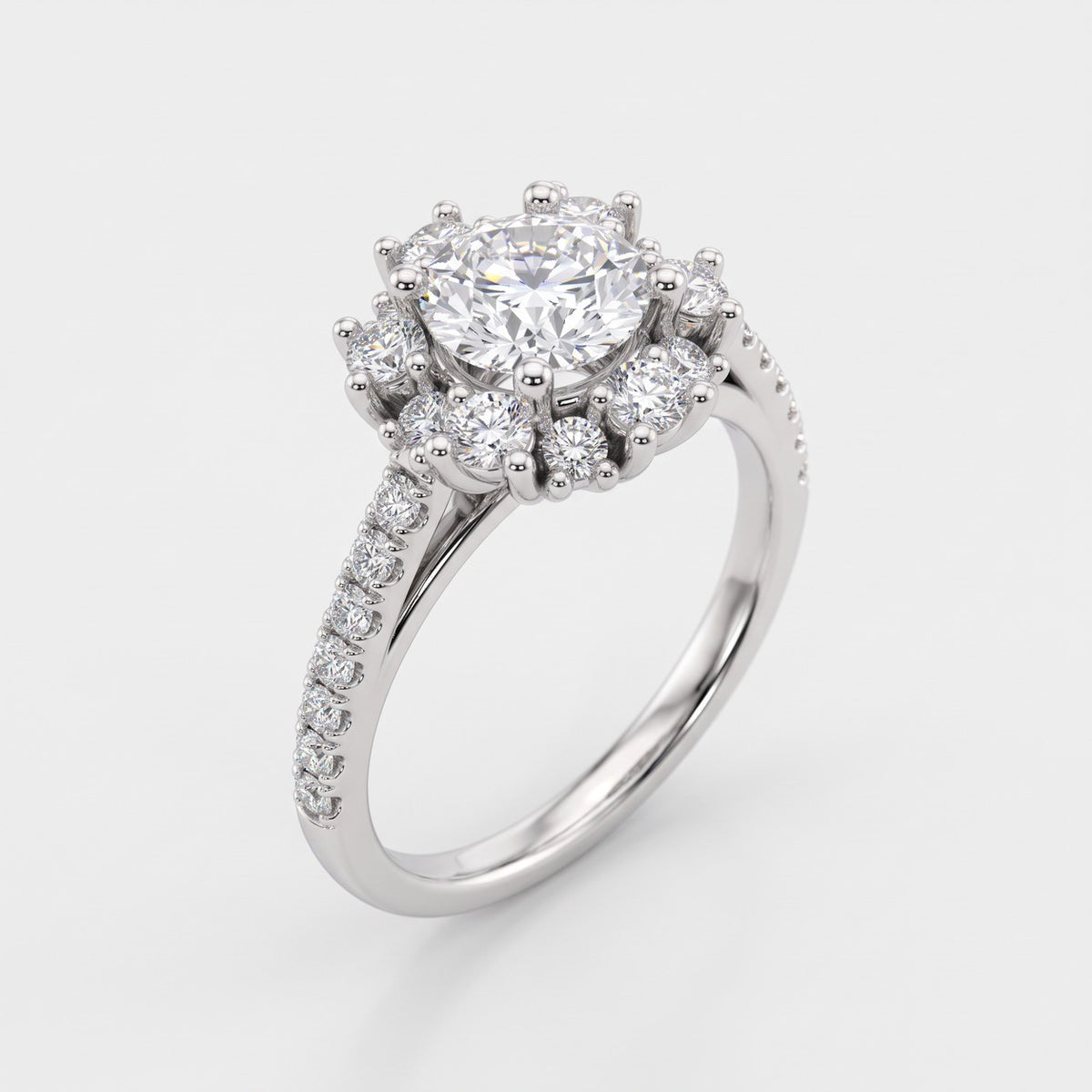 ZSY018 diamantring med rund diamant og blomsterhalo i hvidguld – perspektiv