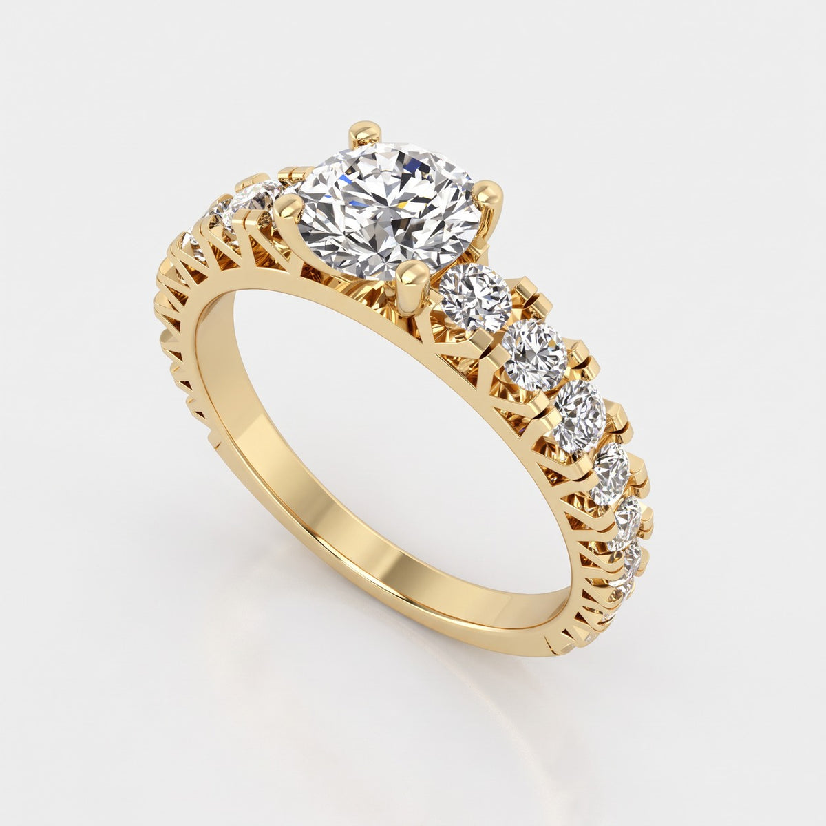 ZSY3 diamantring med rund diamant og graduerede sidesten i gulguld – perspektiv