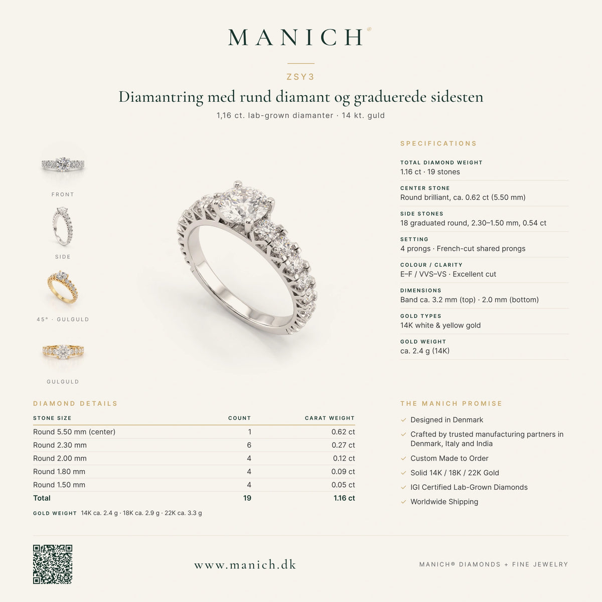 ZSY3 infografik – specifikationer, diamantdetaljer og guldvægt