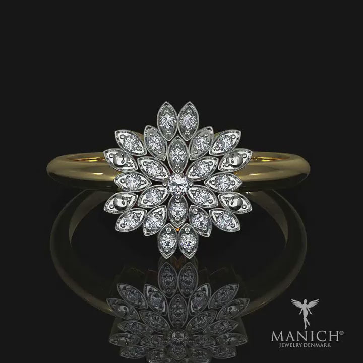 360-graders video af MANICH diamantring der drejer rundt og viser alle detaljer af 14k guldringen og de indfattede diamanter på 0.11 ct