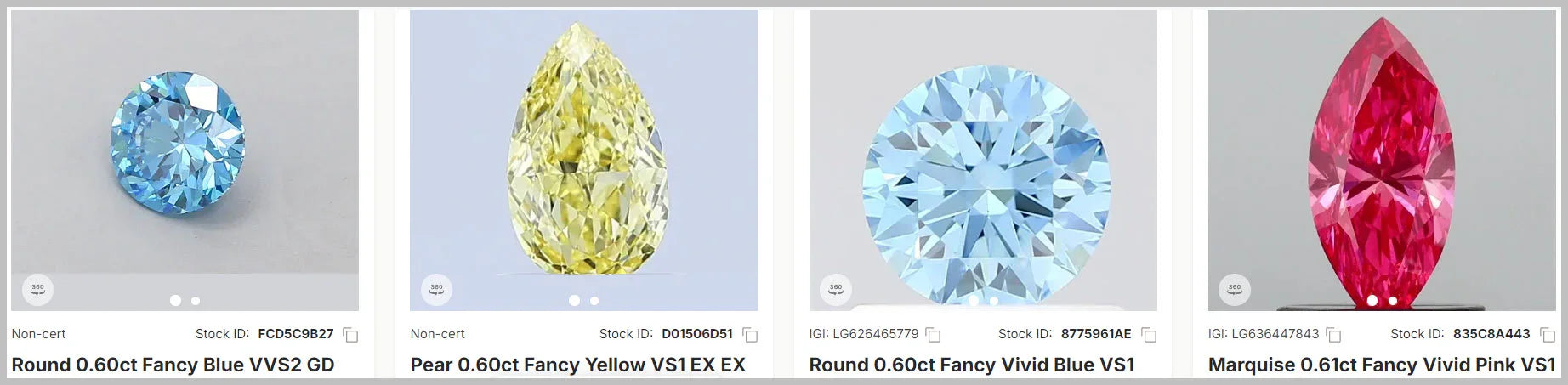 Kollektion af farvede diamanter der viser spektret af tilgængelige fancy farver hos Manich Jewelry
