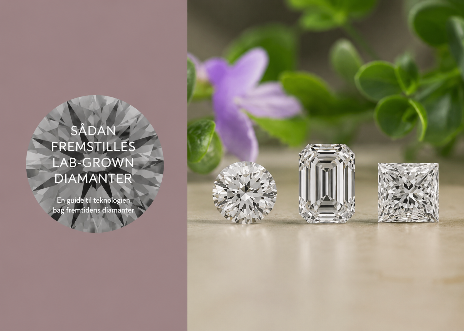 Illustration af hvordan lab-grown diamanter fremstilles med rund, emerald og princess cut diamant i elegant hero-billede til guide fra Manich Jewelry