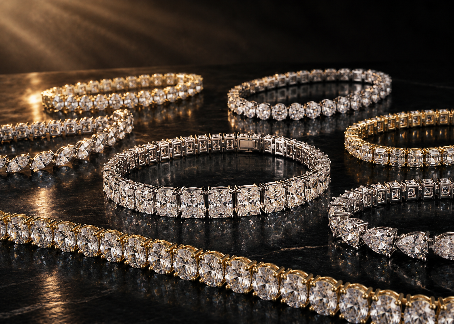 Eksklusive tennisarmbånd med lab-grown diamanter i forskellige slibninger og størrelser fra Manich Jewelry vist i luksuriøst hero billede