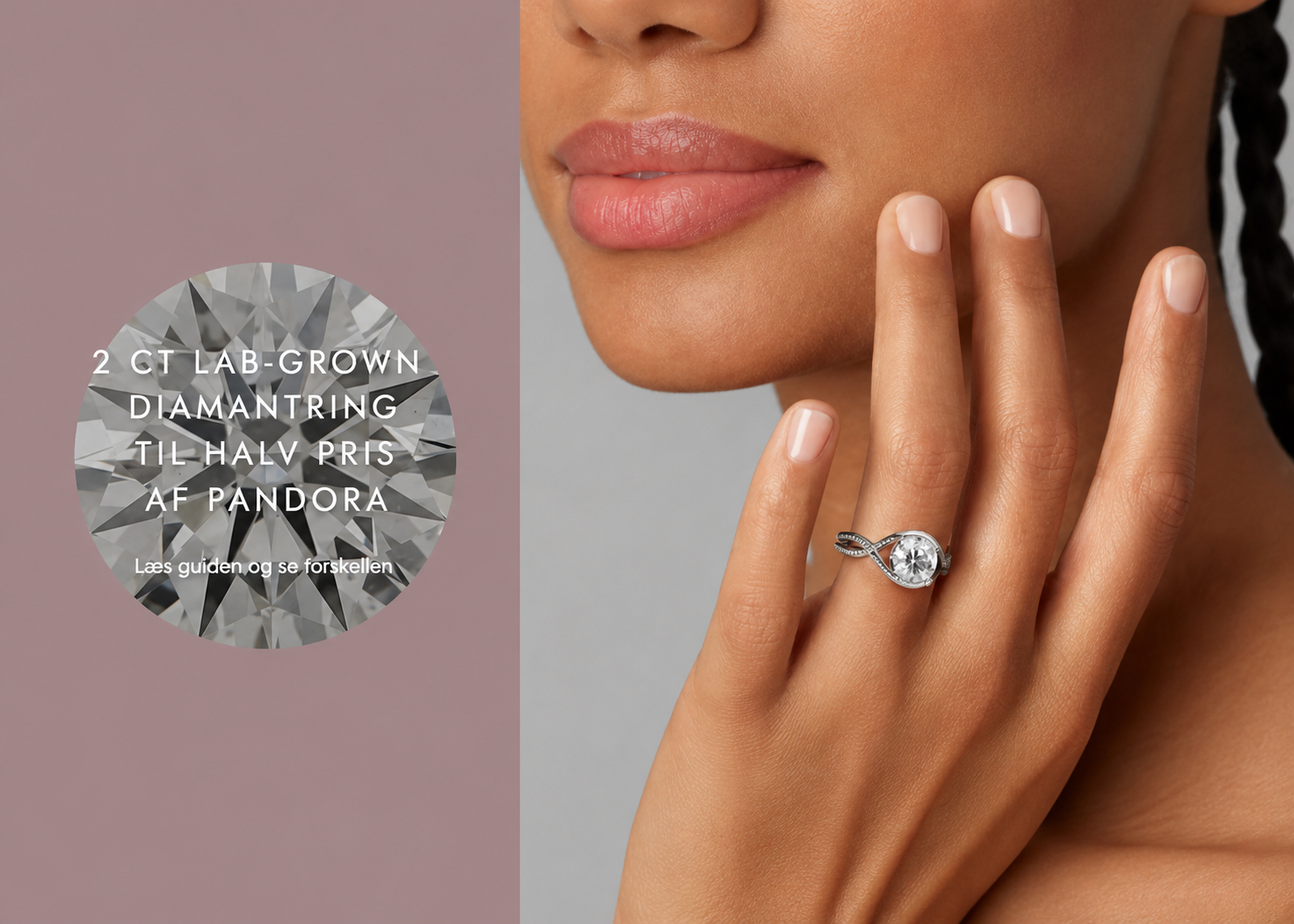 2 ct lab-grown diamantring til halv pris af Pandora – elegant hvidguldsring med stor brillant slebet diamant vist i luksuriøst kampagnebillede fra Manich Jewelry.