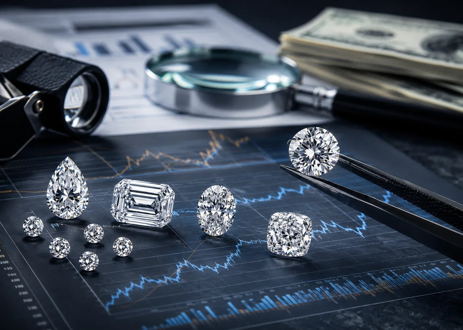 Løse certificerede diamanter med markedsanalyser, investeringsgrafer og juveler værktøj der illustrerer diamantmarkedet i 2025 hos Manich Jewelry