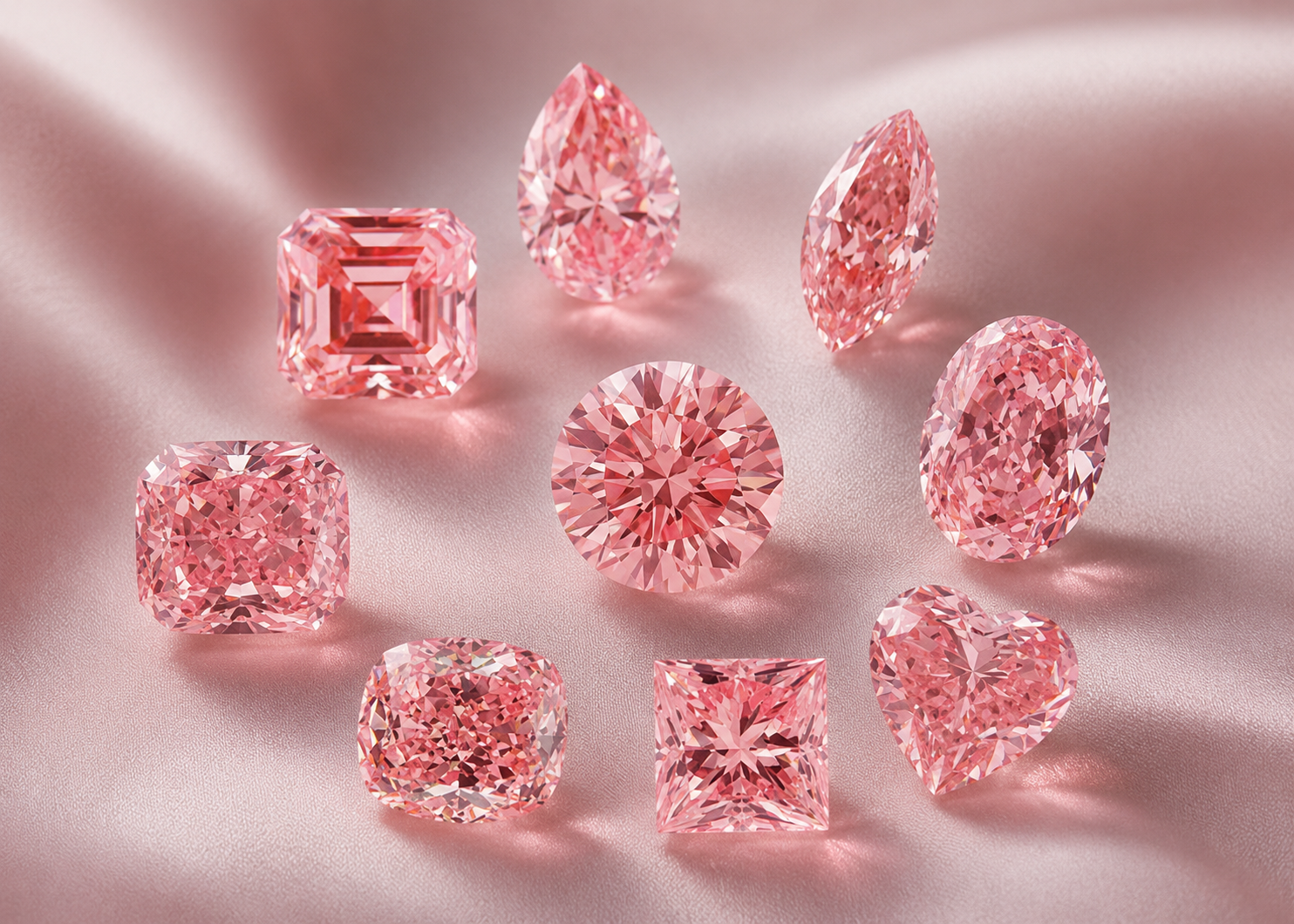 Eksklusive lyserøde diamanter i forskellige slibninger som radiant, pear, oval og heart cut arrangeret på lyserød silkebaggrund i luksuriøst hero billede fra Manich Jewelry
