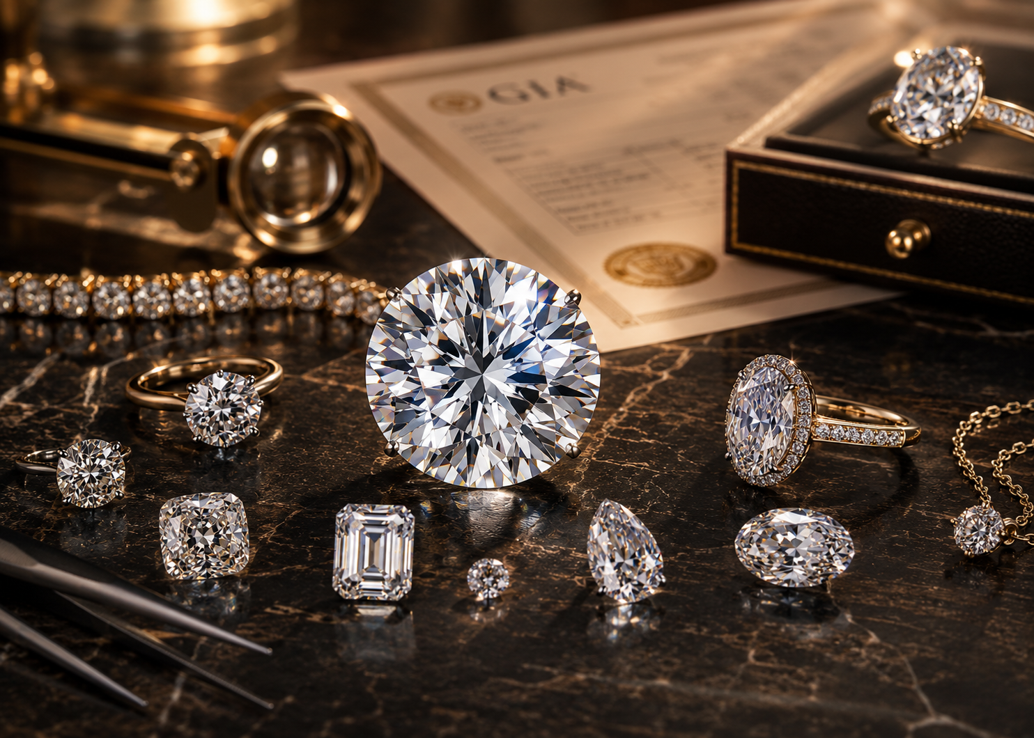 Eksklusivt hero billede med naturlige diamanter, store centersten, tennisarmbånd og luksuriøse diamantsmykker der illustrerer markedstrends for naturlige diamanter i 2024 hos Manich Jewelry