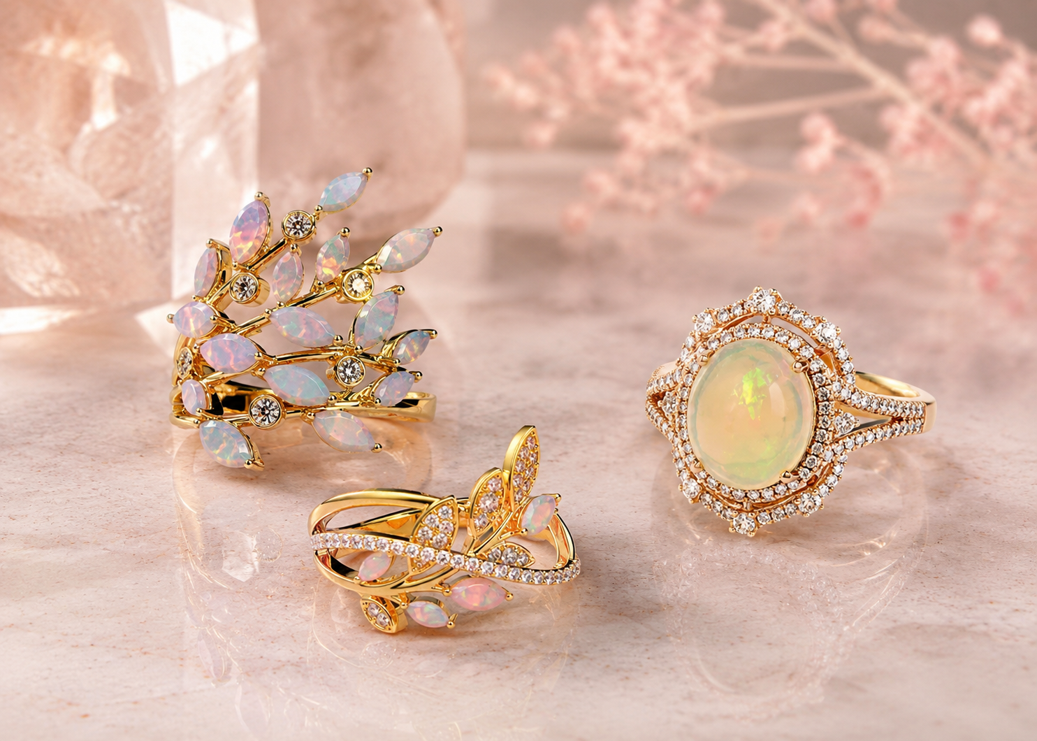 Eksklusive opalringe i guld med diamanter og organiske blad-inspirerede designs vist i elegant hero billede med bløde rosa nuancer fra Manich Jewelry