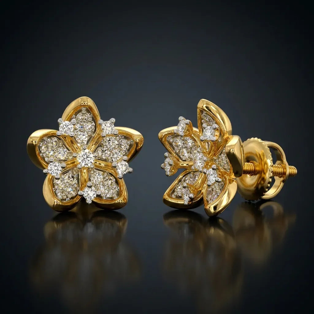 Diamantørestikker i 14 karat gulguld med 0,34 ct naturlige brillantslebne diamanter i Top Crystal–Crystal VS-SI – elegant blomsterdesign med høj brillans