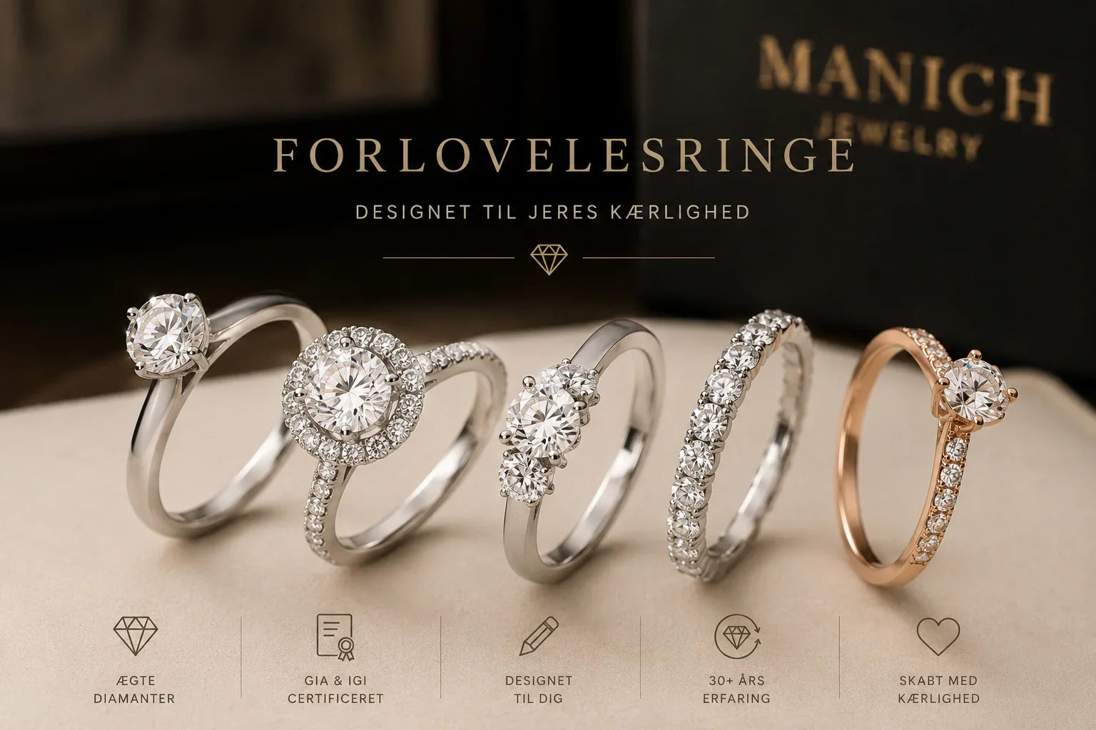 Eksklusive forlovelsesringe fra Manich Jewelry med certificerede diamanter i hvidguld, rosaguld og klassiske solitaire designs. Designet med fokus på kvalitet, kærlighed og håndværk.