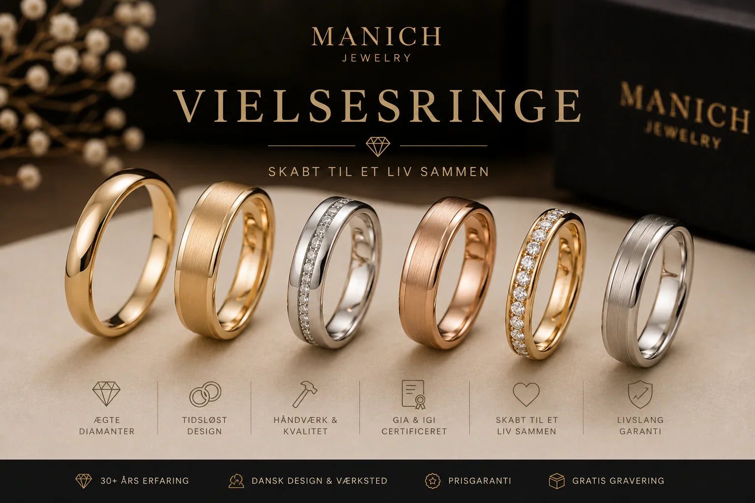 Eksklusive vielsesringe og allianceringe fra Manich Jewelry i guld, hvidguld og rosaguld med certificerede diamanter og elegant dansk design til bryllup og livslang kærlighed.