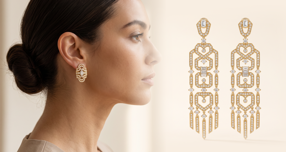Art Deco kollektion fra Manich – model med Art Deco ørestikker og chandelier-øreringe i 14 kt gulguld med lab grown diamanter
