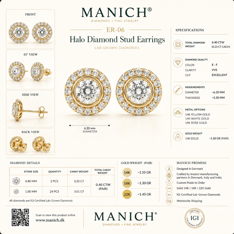 Infografik med mål og specifikationer for ER-09 Pavé Halo Ørestik fra Manich Fine Jewelry