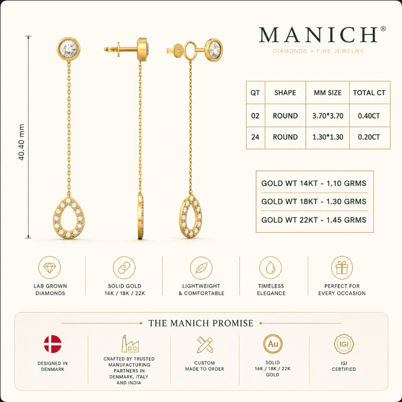 Infografik med mål og specifikationer for ER-13 Kæde Øreringe med Dråbevedhæng fra Manich Fine Jewelry