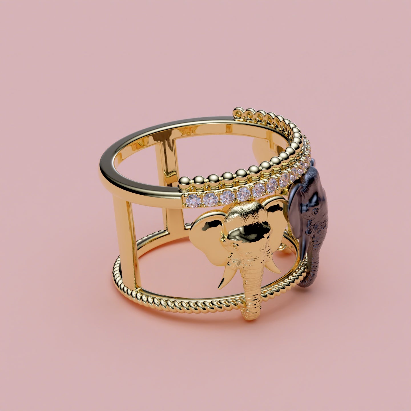 Luksuriøs Elefant Ring med Diamanter - Håndlavet i 14K Guld