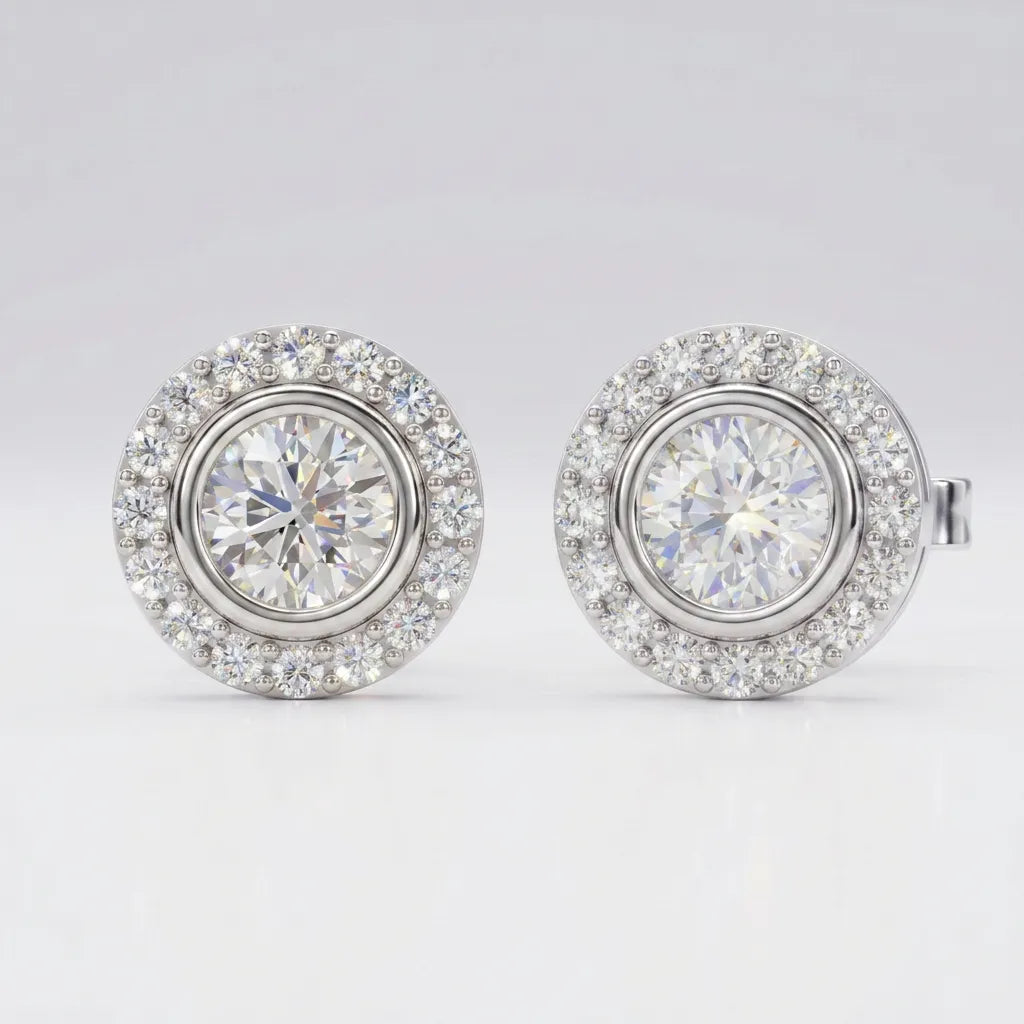 Pavé Halo Ørestik i 14 karat hvidguld – lab grown diamanter, central brillant med 32 mikrofattede brillanter