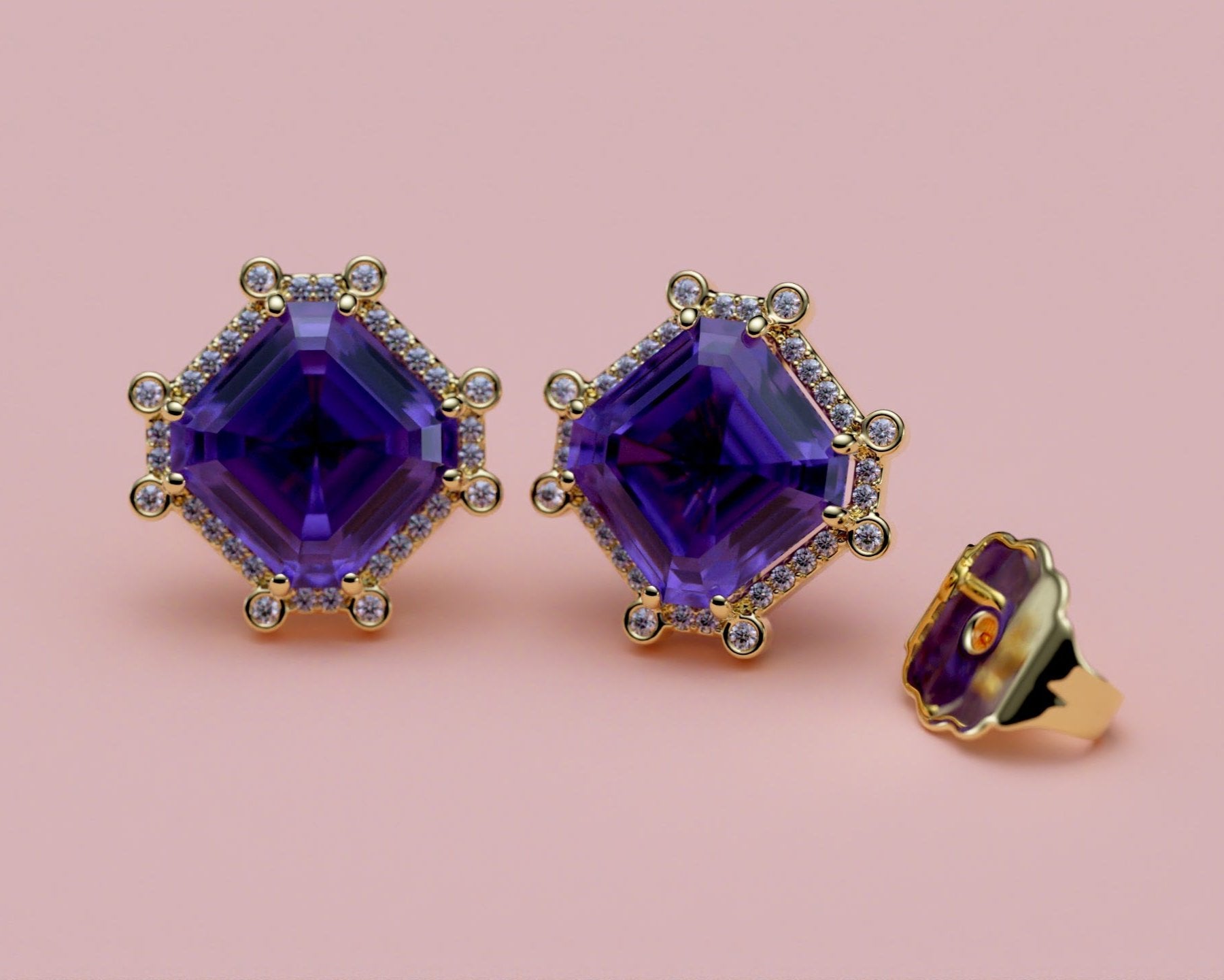 Oktagonale Amethyst Ørestikker med Diamant Halo i 14K Guld