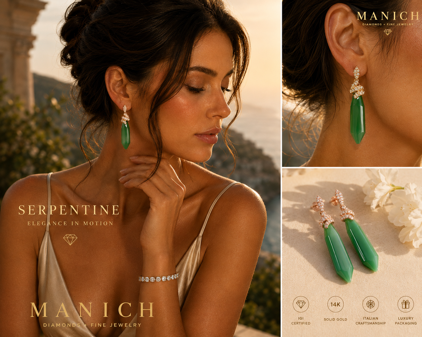 Serpentine Ørehængere – Chrysoprase Chalcedony & 0.46 ct Diamanter – 14K Guld – Juveler Erik Manich