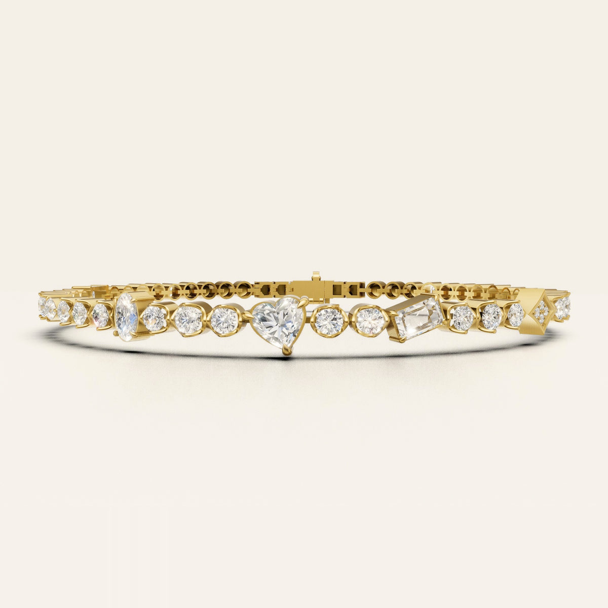 AD-BR01 Art Deco armbånd med hjerte-, oval-, emerald-, pæreformede og runde lab grown diamanter i 14 karat gulguld