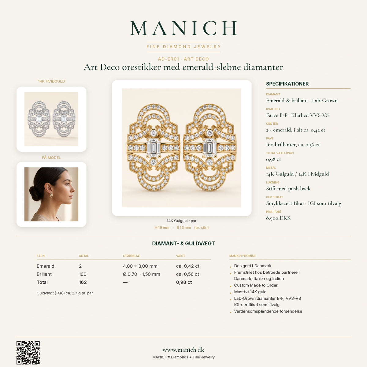 AD-ER01 specifikationer, diamantkvalitet og mål – MANICH infografik