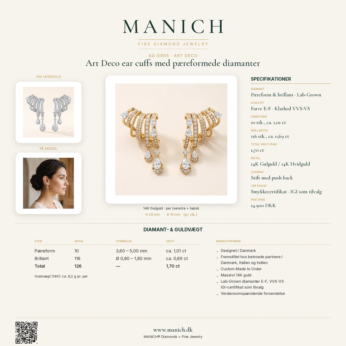AD-ER05 specifikationer, diamantkvalitet og mål – MANICH infografik