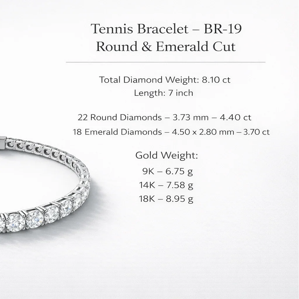 Tennis bracelet BR-19 specs 8.10ct 22 round 18 emerald cut diamonds gold weight