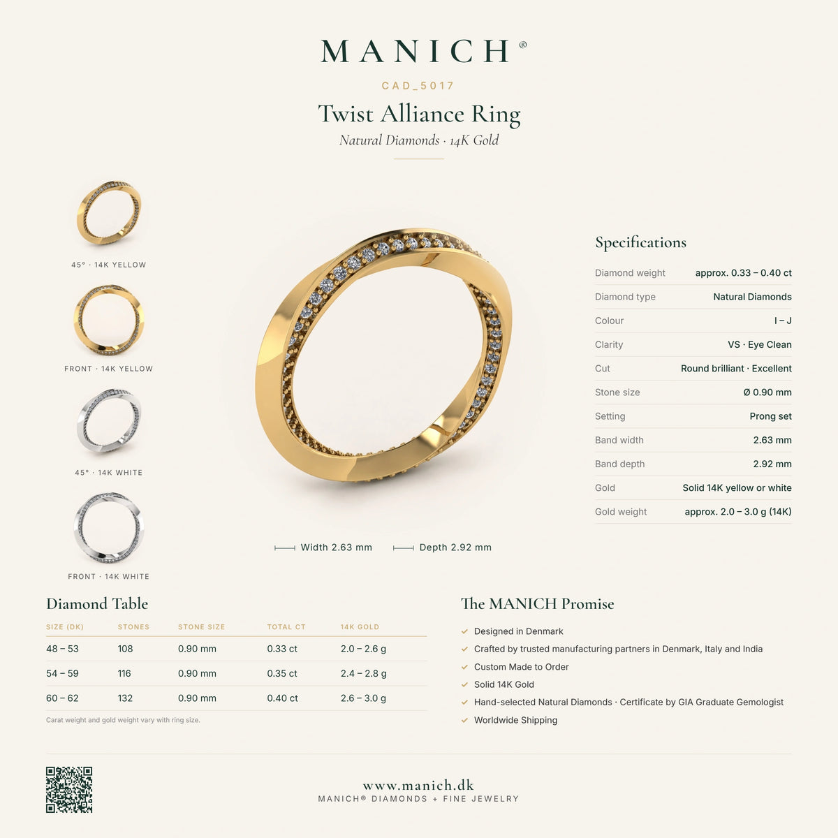 Infografik: Twist alliancering CAD_5017 i 14 kt guld med naturlige diamanter – specifikationer og diamanttabel | MANICH