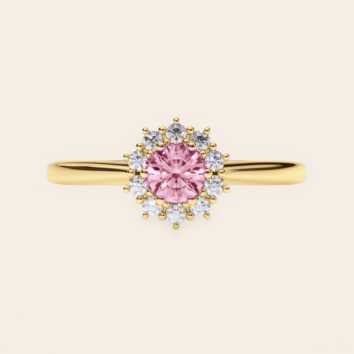 DR0186 halo diamantring med pink diamant i 14 kt. gulguld – forfra