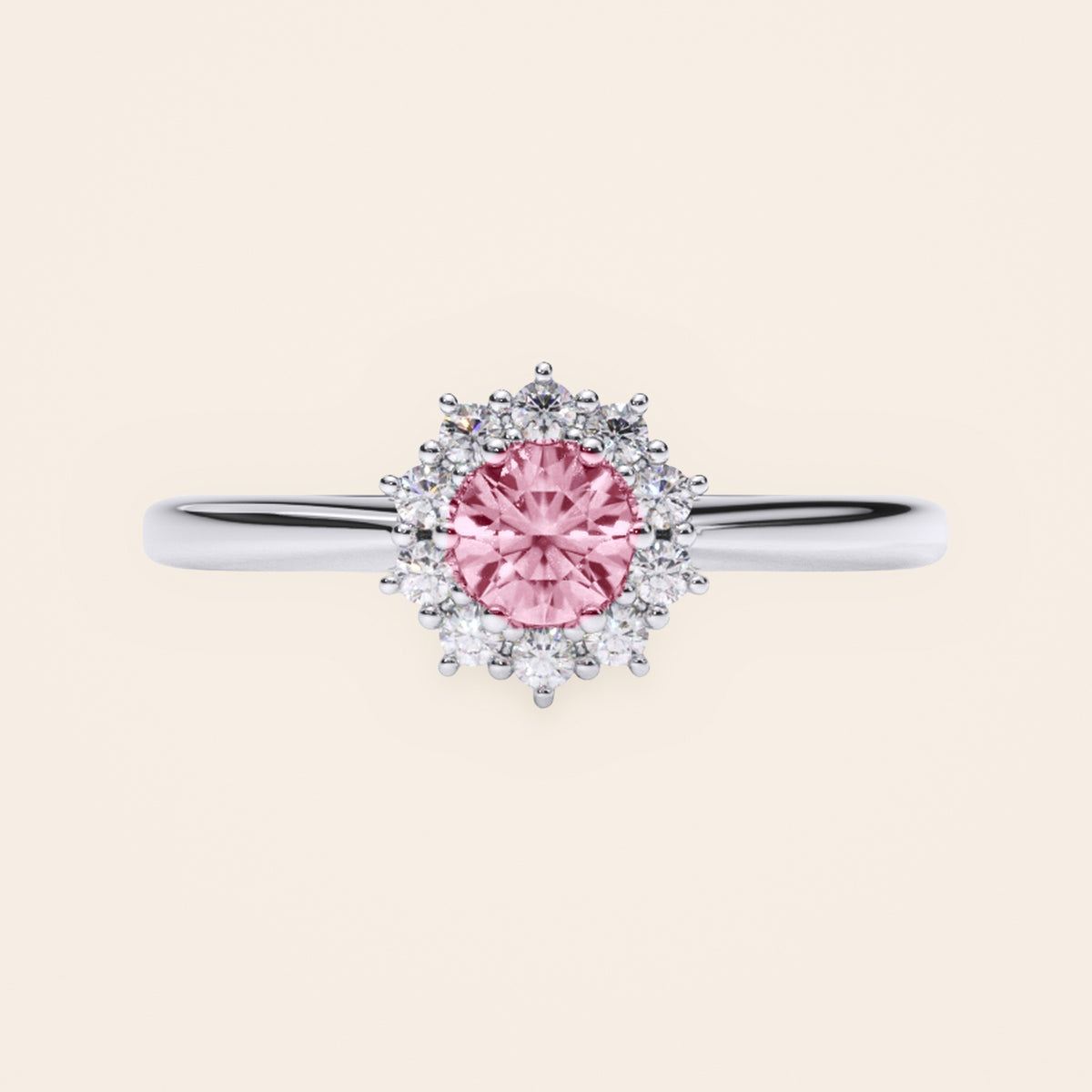 DR0186 halo diamantring med pink diamant i 14 kt. hvidguld – forfra