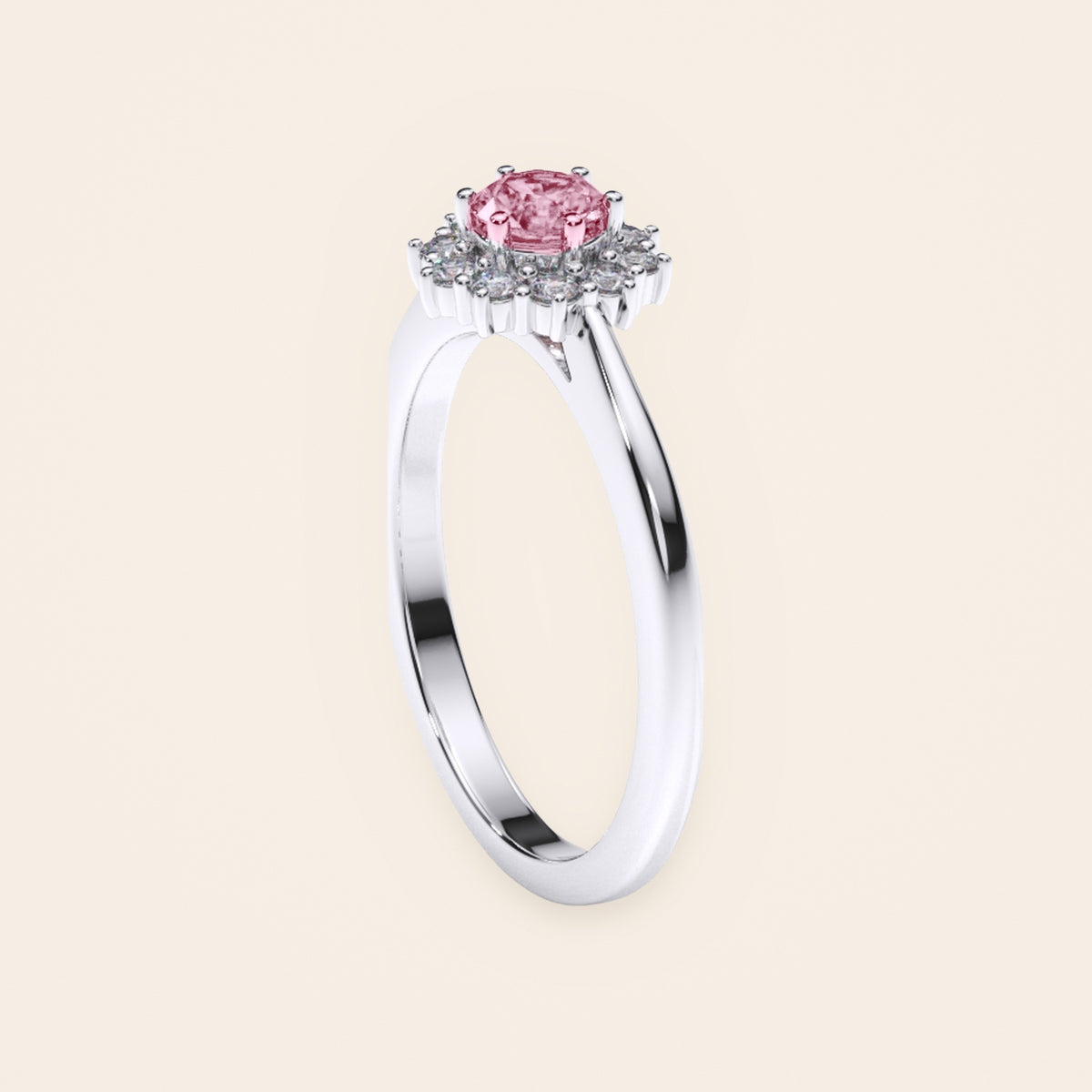 DR0186 halo diamantring med pink diamant i 14 kt. hvidguld – fra siden