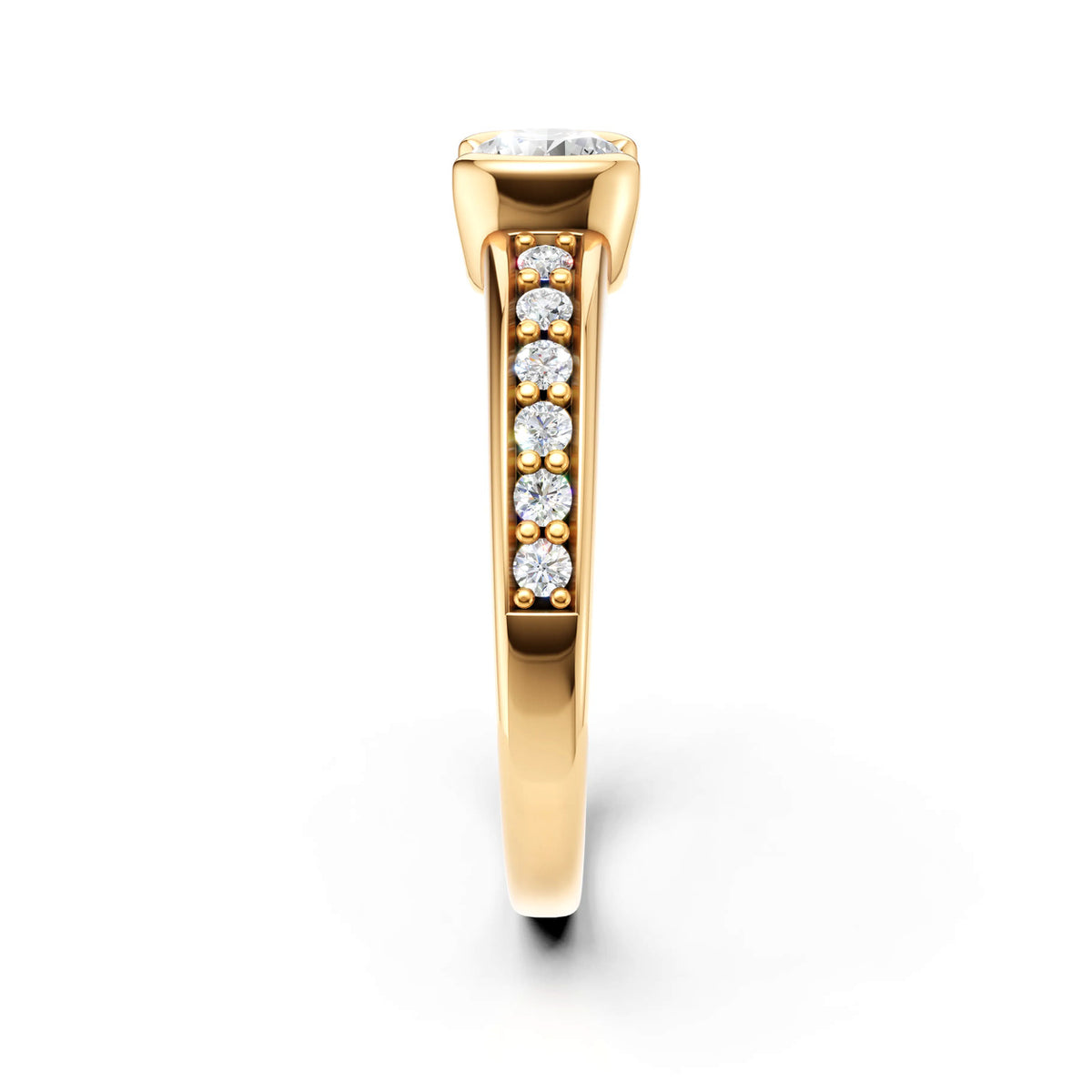 DR0219 solitairering med rund diamant og pavé-satte skuldre, nærbillede, gulguld