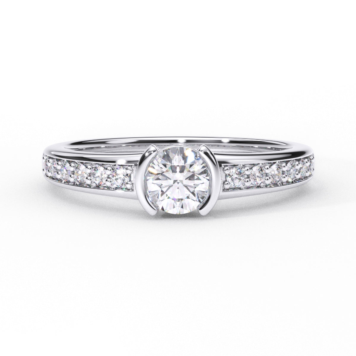DR0219 solitairering med rund diamant og pavé-satte skuldre, nærbillede, hvidguld