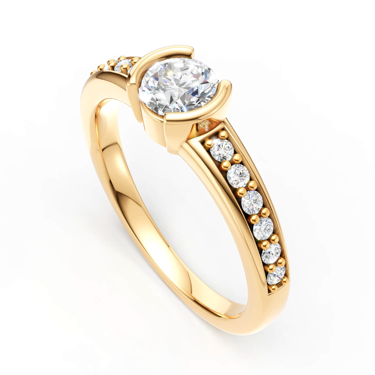DR0219 solitairering med rund diamant og pavé-satte skuldre, perspektiv, gulguld
