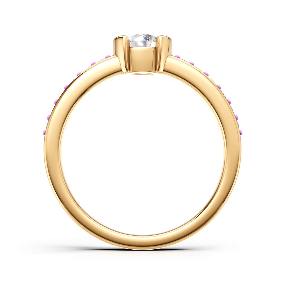 DR0219 solitairering med rund diamant og pavé-satte skuldre, profil, gulguld