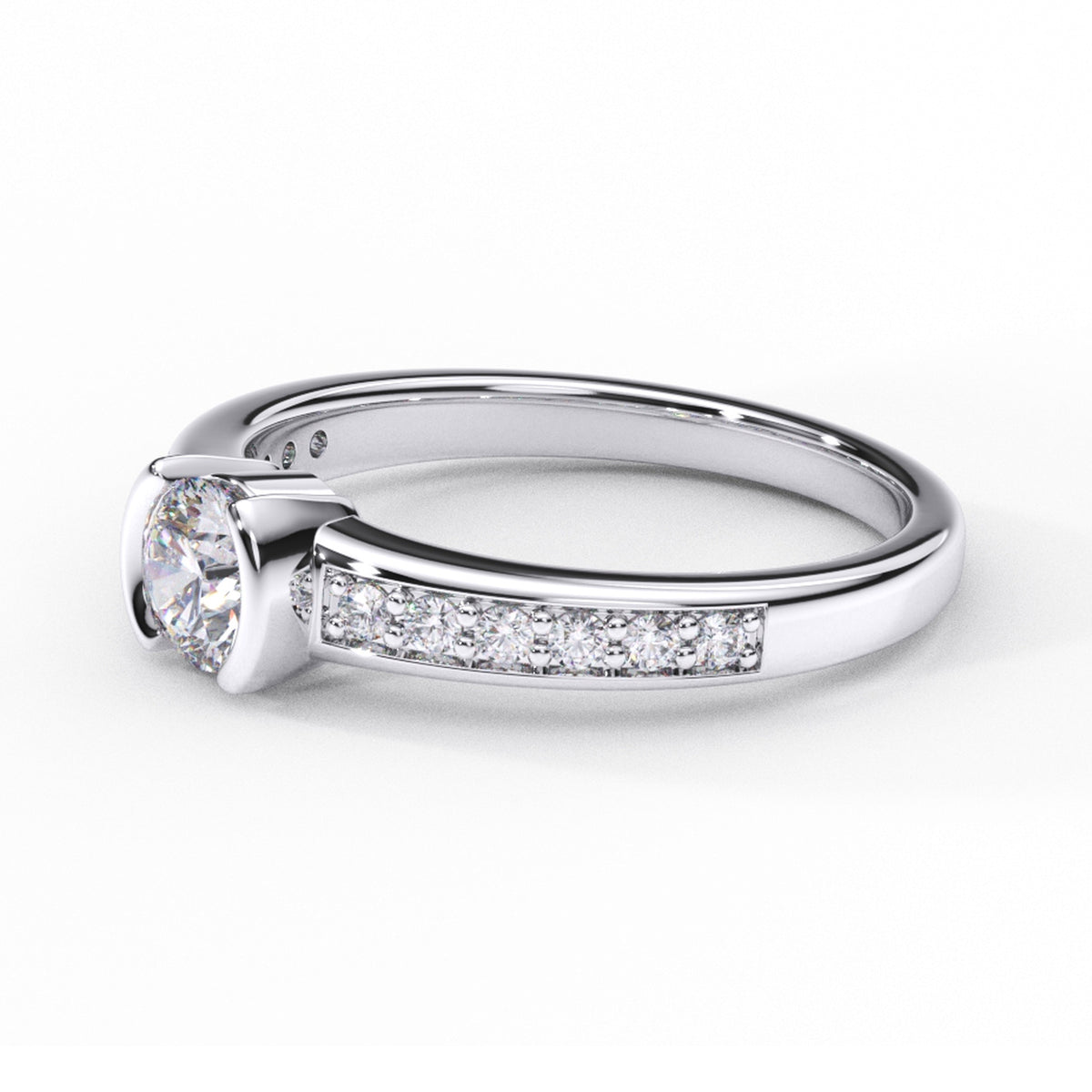 DR0219 solitairering med rund diamant og pavé-satte skuldre, profil, hvidguld