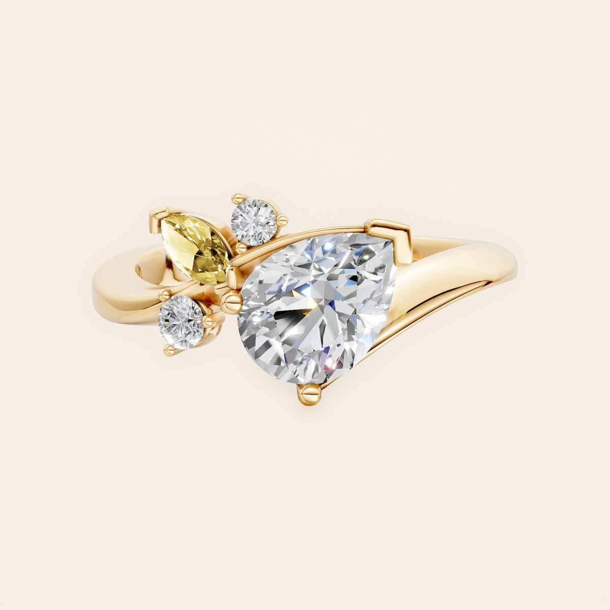 DR0332 diamantring med pæreformet diamant og gul markise i 14 kt. gulguld, forfra