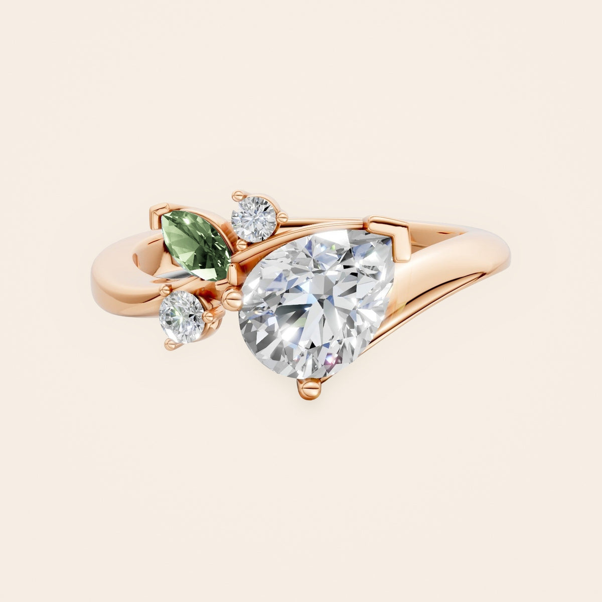 DR0332 diamantring med pæreformet diamant og grøn markise i 14 kt. rosaguld, forfra