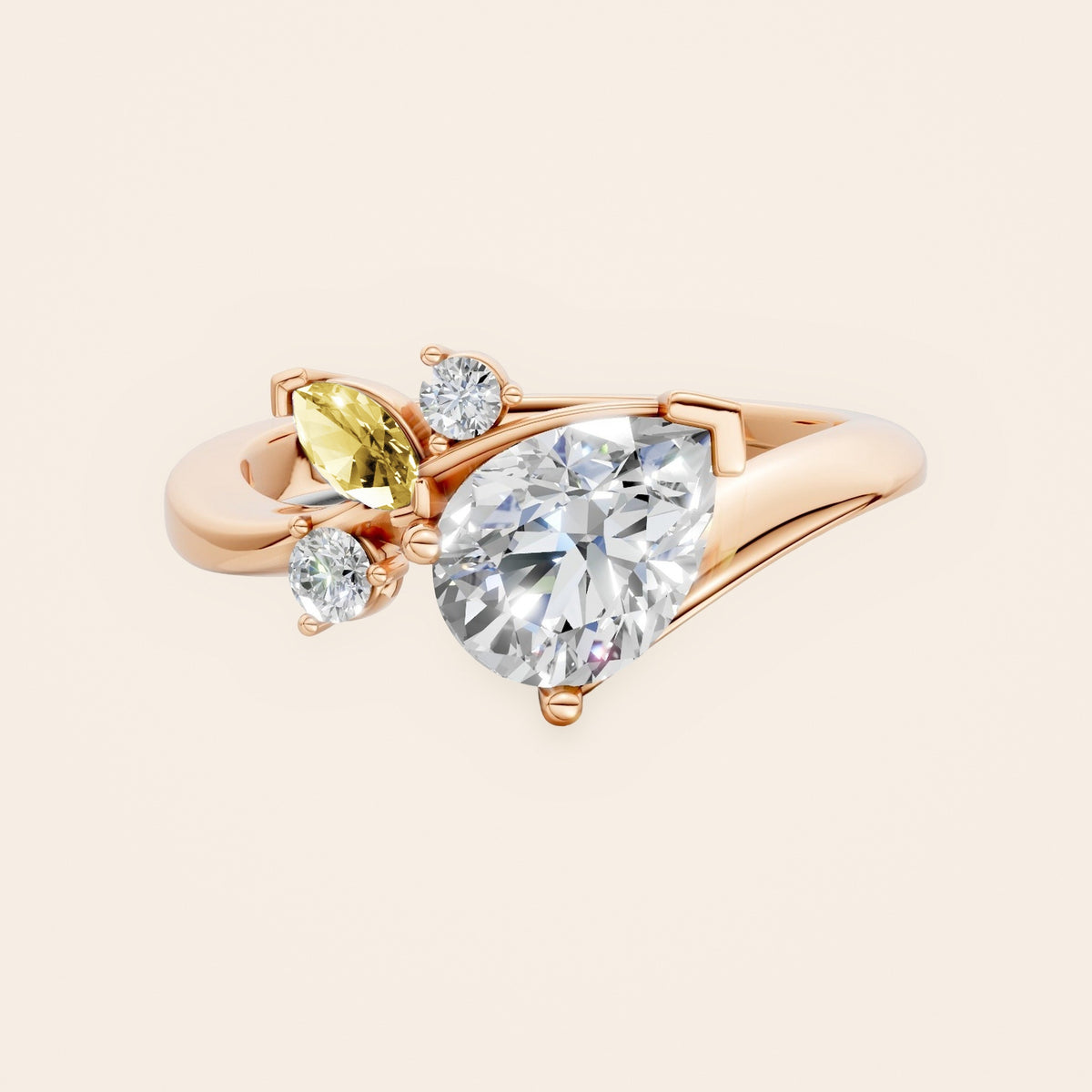 DR0332 diamantring med pæreformet diamant og gul markise i 14 kt. rosaguld, forfra
