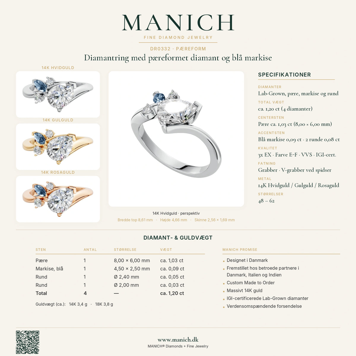 DR0332 specifikationer, diamantkvalitet og mål – MANICH infografik